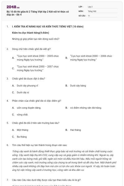 Bộ 10 đề thi giữa kì 2 Tiếng Việt lớp 2 Kết nối tri thức có đáp án - Đề 4