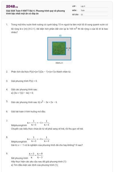 Giải SGK Toán 9 KNTT Bài 4. Phương trình quy về phương trình bậc nhất một ẩn  có đáp án