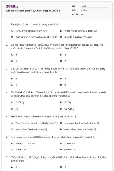 224 Bài tập ancol- phenol cực hay có đáp án (phần 4)