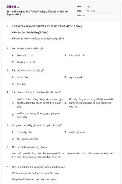 Bộ 10 đề thi giữa kì 2 Tiếng Việt lớp 2 Kết nối tri thức có đáp án - Đề 8