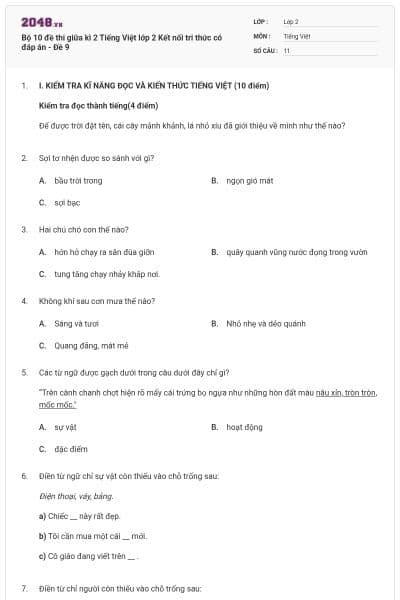 Bộ 10 đề thi giữa kì 2 Tiếng Việt lớp 2 Kết nối tri thức có đáp án - Đề 9