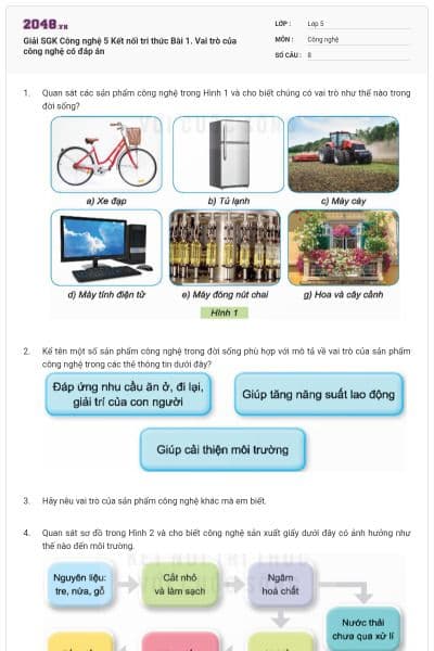 Giải SGK Công nghệ 5 Kết nối tri thức Bài 1. Vai trò của công nghệ có đáp án