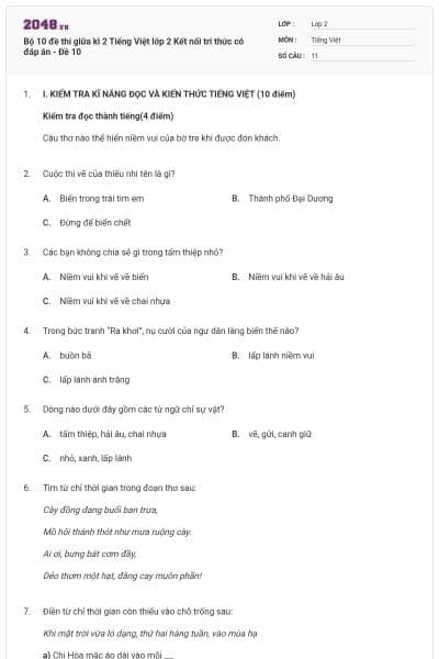Bộ 10 đề thi giữa kì 2 Tiếng Việt lớp 2 Kết nối tri thức có đáp án - Đề 10