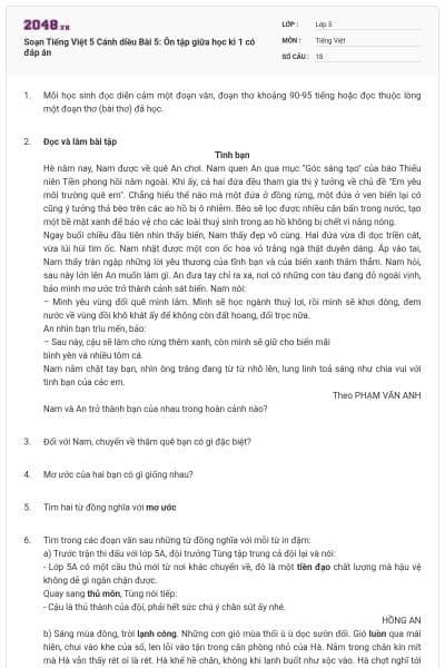 Soạn Tiếng Việt 5 Cánh diều Bài 5: Ôn tập giữa học kì 1 có đáp án