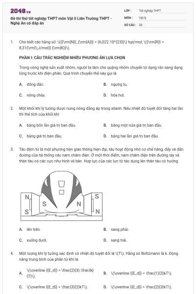 Đề thi thử tốt nghiệp THPT môn Vật lí Liên Trường THPT - Nghệ An có đáp án