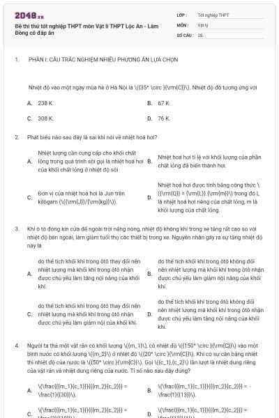 Đề thi thử tốt nghiệp THPT môn Vật lí THPT Lộc An - Lâm Đồng có đáp án