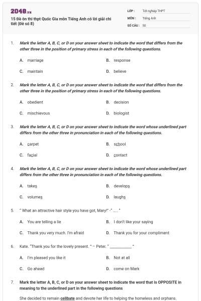 15 Đề ôn thi thpt Quốc Gia môn Tiếng Anh có lời giải chi tiết (Đề số 8)