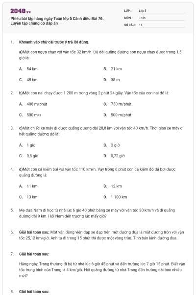 Phiếu bài tập hàng ngày Toán lớp 5 Cánh diều Bài 76. Luyện tập chung có đáp án