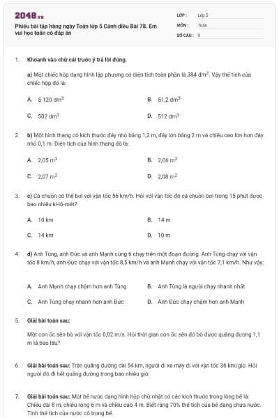 Phiếu bài tập hàng ngày Toán lớp 5 Cánh diều Bài 78. Em vui học toán có đáp án