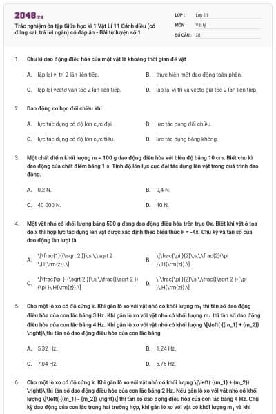 Trắc nghiệm ôn tập Giữa học kì 1 Vật Lí 11 Cánh diều (có đúng sai, trả lời ngắn) có đáp án - Bài tự luyện số 1