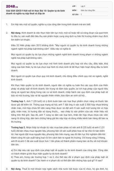 Giải SGK GDCD 9 Kết nối tri thức Bài 10: Quyền tự do kinh doanh và nghĩa vụ nộp thuế có đáp án