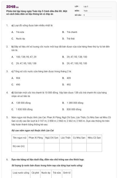 Phiếu bài tập hàng ngày Toán lớp 5 Cánh diều Bài 80. Một số cách biểu diễn số liệu thống kê có đáp án
