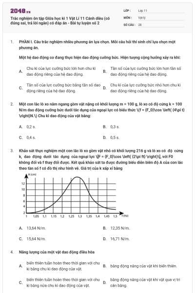 Trắc nghiệm ôn tập Giữa học kì 1 Vật Lí 11 Cánh diều (có đúng sai, trả lời ngắn) có đáp án - Bài tự luyện số 2