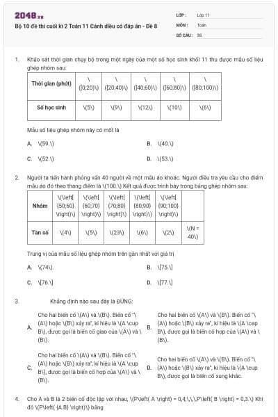 Bộ 10 đề thi cuối kì 2 Toán 11 Cánh diều có đáp án - Đề 8