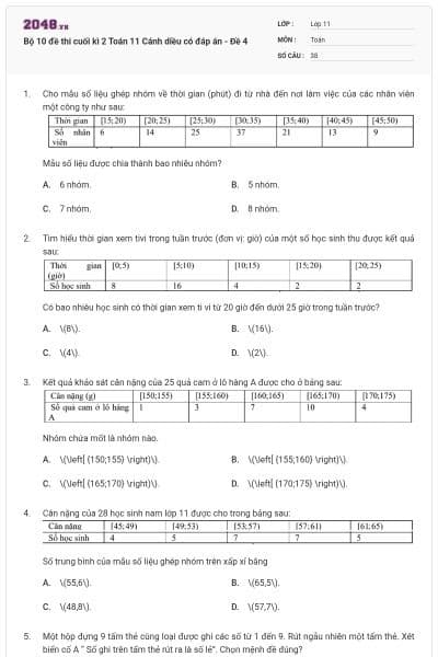 Bộ 10 đề thi cuối kì 2 Toán 11 Cánh diều có đáp án - Đề 4