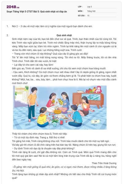 Soạn Tiếng Việt 5 CTST Bài 5: Quà sinh nhật có đáp án