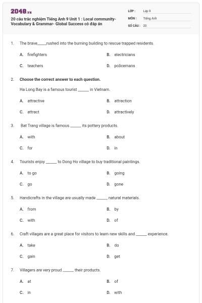 20 câu trắc nghiệm Tiếng Anh 9 Unit 1 : Local community-Vocabulary & Grammar- Global Success có đáp án