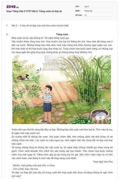 Soạn Tiếng Việt 5 CTST Bài 6: Tiếng vườn có đáp án