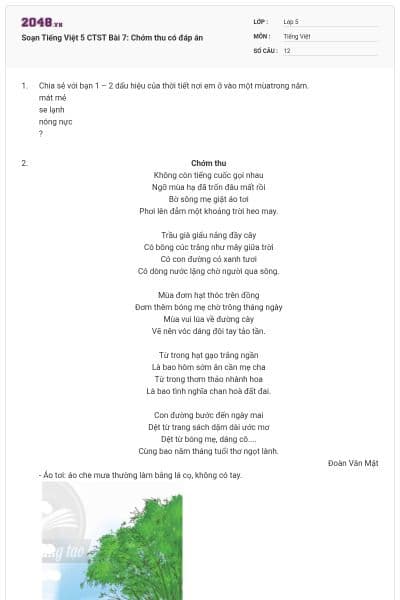 Soạn Tiếng Việt 5 CTST Bài 7: Chớm thu có đáp án