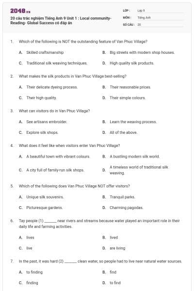20 câu trắc nghiệm Tiếng Anh 9 Unit 1 : Local community-Reading- Global Success có đáp án