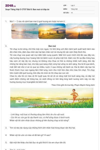 Soạn Tiếng Việt 5 CTST Bài 8: Ban mai có đáp án