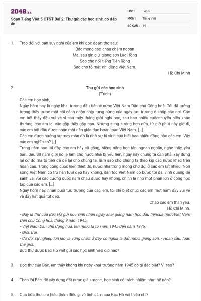 Soạn Tiếng Việt 5 CTST Bài 2: Thư gửi các học sinh có đáp án