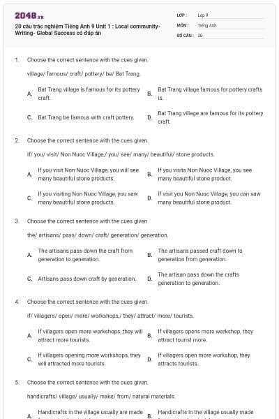 20 câu trắc nghiệm Tiếng Anh 9 Unit 1 : Local community-Writing- Global Success có đáp án