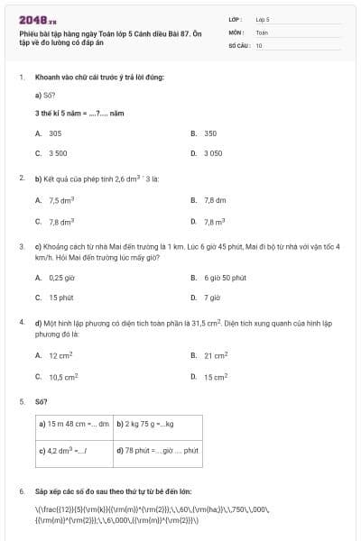 Phiếu bài tập hàng ngày Toán lớp 5 Cánh diều Bài 87. Ôn tập về đo lường có đáp án