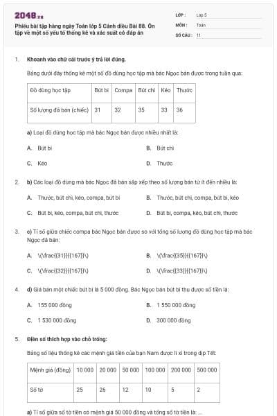 Phiếu bài tập hàng ngày Toán lớp 5 Cánh diều Bài 88. Ôn tập về một số yếu tố thống kê và xác suất có đáp án
