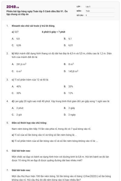 Phiếu bài tập hàng ngày Toán lớp 5 Cánh diều Bài 91. Ôn tập chung có đáp án