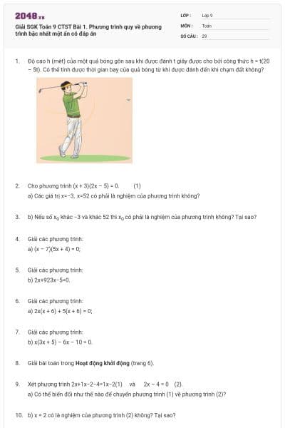 Giải SGK Toán 9 CTST Bài 1. Phương trình quy về phương trình bậc nhất một ẩn có đáp án