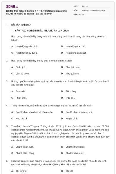 Bài tập trắc nghiệm Giữa kì 1 KTPL 10 Cánh diều (có đúng sai, trả lời ngắn) có đáp án - Bài tập tự luyện