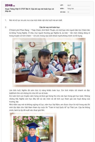 Soạn Tiếng Việt 5 CTST Bài 4: Cậu bé say mê toán học có đáp án