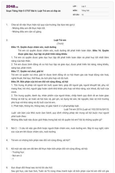 Soạn Tiếng Việt 5 CTST Bài 6: Luật Trẻ em có đáp án