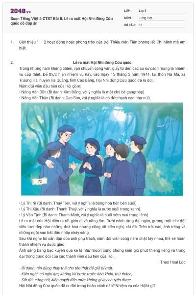 Soạn Tiếng Việt 5 CTST Bài 8: Lễ ra mắt Hội Nhi đồng Cứu quốc có đáp án