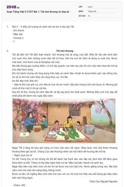 Soạn Tiếng Việt 5 CTST Bài 1: Tết nhớ thương có đáp án