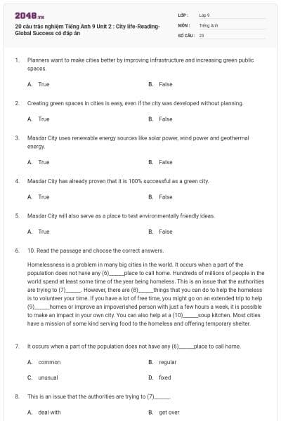 20 câu trắc nghiệm Tiếng Anh 9 Unit 2 : City life-Reading- Global Success có đáp án