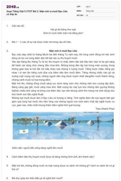 Soạn Tiếng Việt 5 CTST Bài 2: Mặn mòi vị muối Bạc Liêu có đáp án