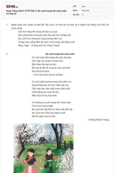 Soạn Tiếng Việt 5 CTST Bài 3: Nụ cười mang tên mùa xuân có đáp án