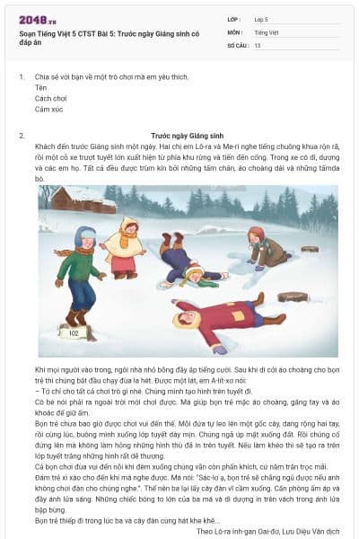 Soạn Tiếng Việt 5 CTST Bài 5: Trước ngày Giáng sinh có đáp án