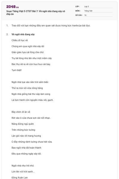 Soạn Tiếng Việt 5 CTST Bài 7: Về ngôi nhà đang xây có đáp án