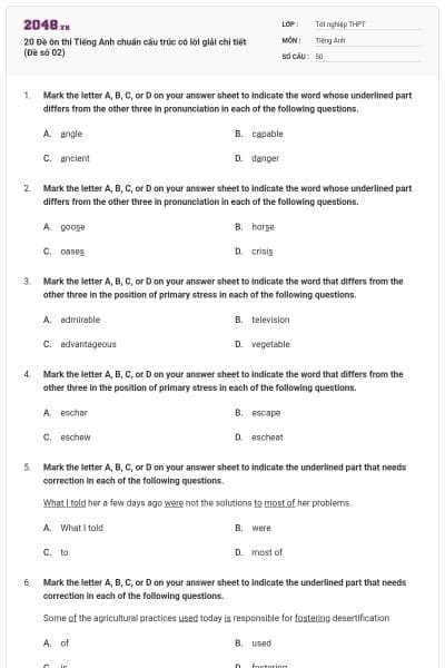20 Đề ôn thi Tiếng Anh chuẩn cấu trúc có lời giải chi tiết (Đề số 02)