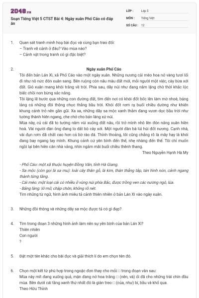 Soạn Tiếng Việt 5 CTST Bài 4: Ngày xuân Phố Cáo có đáp án