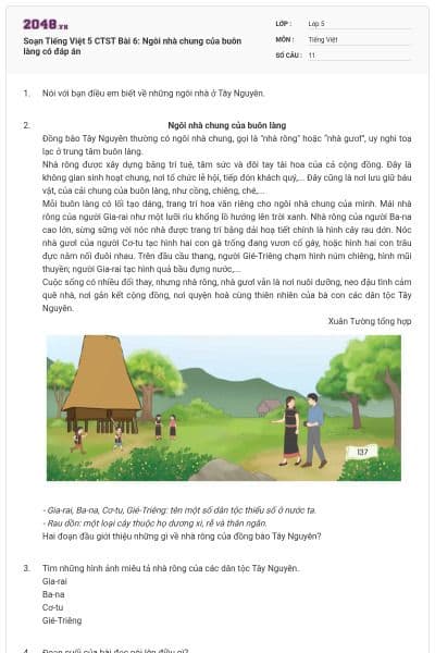 Soạn Tiếng Việt 5 CTST Bài 6: Ngôi nhà chung của buôn làng có đáp án