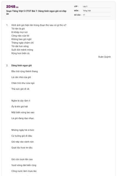 Soạn Tiếng Việt 5 CTST Bài 7: Dáng hình ngọn gió có đáp án