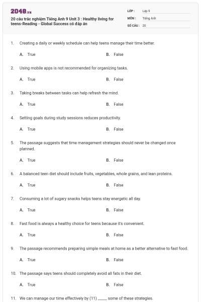 20 câu trắc nghiệm Tiếng Anh 9 Unit 3 : Healthy living for teens-Reading - Global Success có đáp án