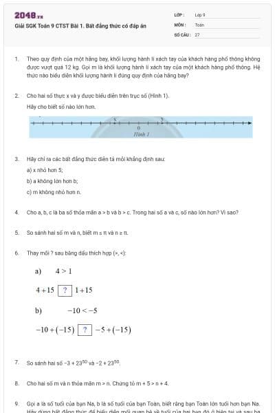 Giải SGK Toán 9 CTST Bài 1. Bất đẳng thức có đáp án