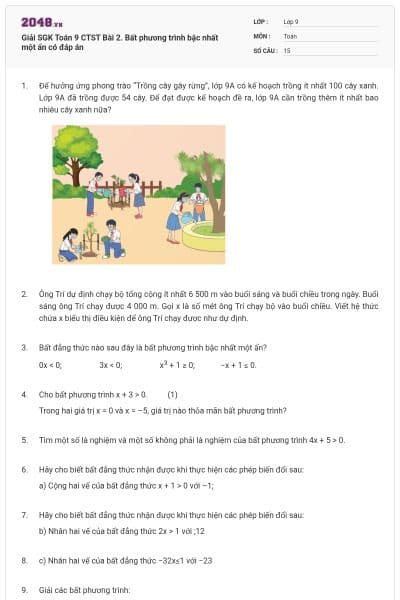 Giải SGK Toán 9 CTST Bài 2. Bất phương trình bậc nhất một ẩn có đáp án