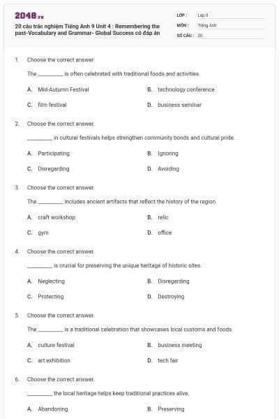 20 câu trắc nghiệm Tiếng Anh 9 Unit 4 : Remembering the past-Vocabulary and Grammar- Global Success có đáp án