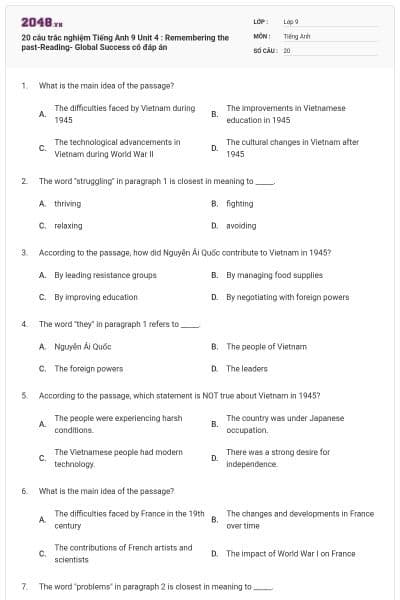 20 câu trắc nghiệm Tiếng Anh 9 Unit 4 : Remembering the past-Reading- Global Success có đáp án